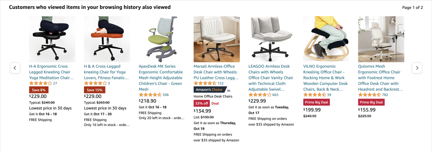 Seven Amazon office chair related products based on the writer's recent views