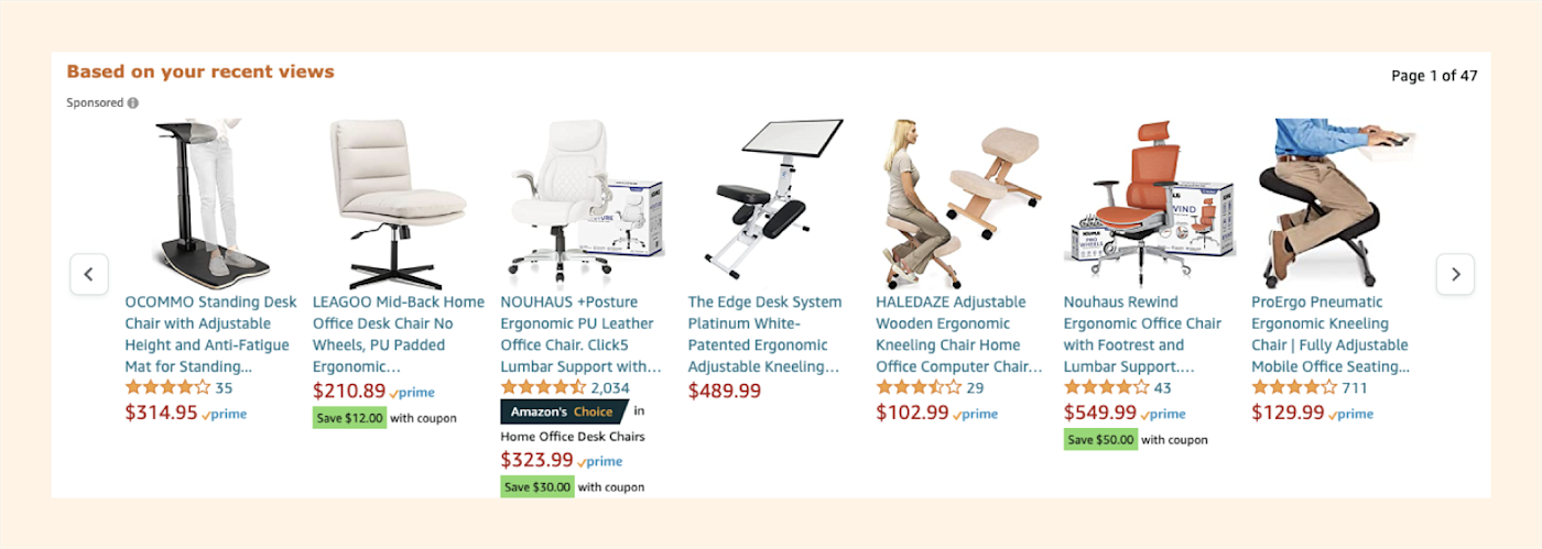 Seven Amazon office chair related products based on the writer's recent views