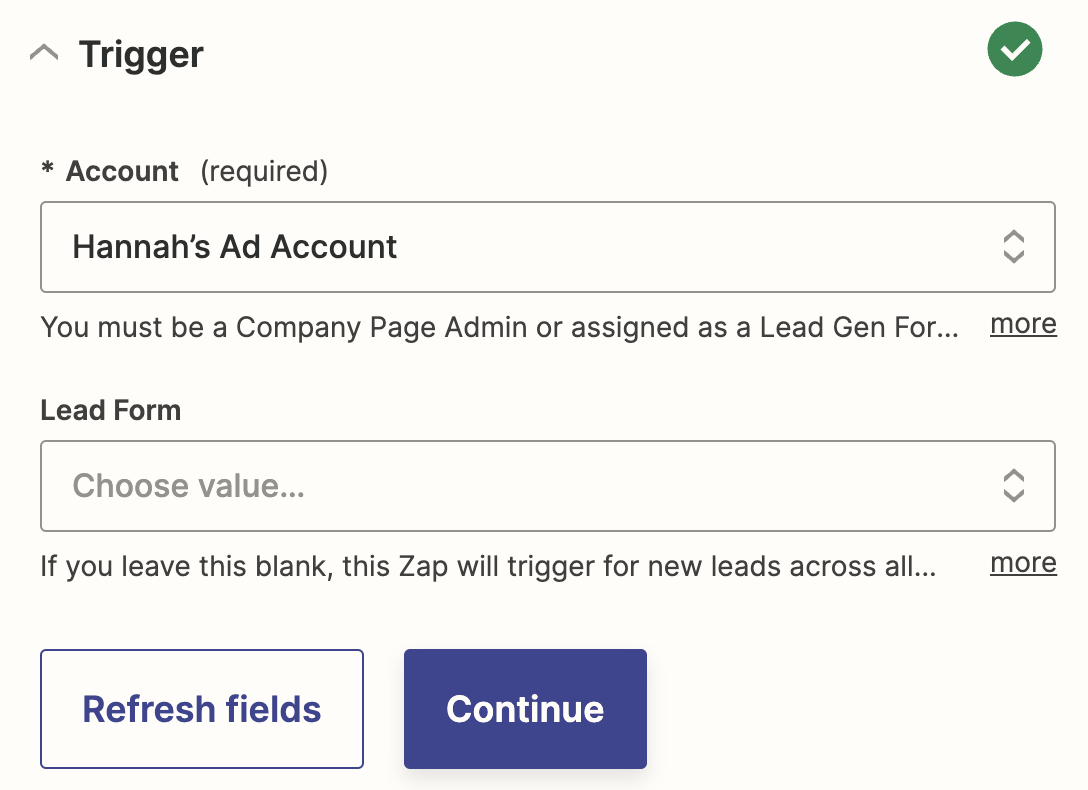 Fields to select a specific LinkedIn Ads account and lead gen form in the Zap editor.