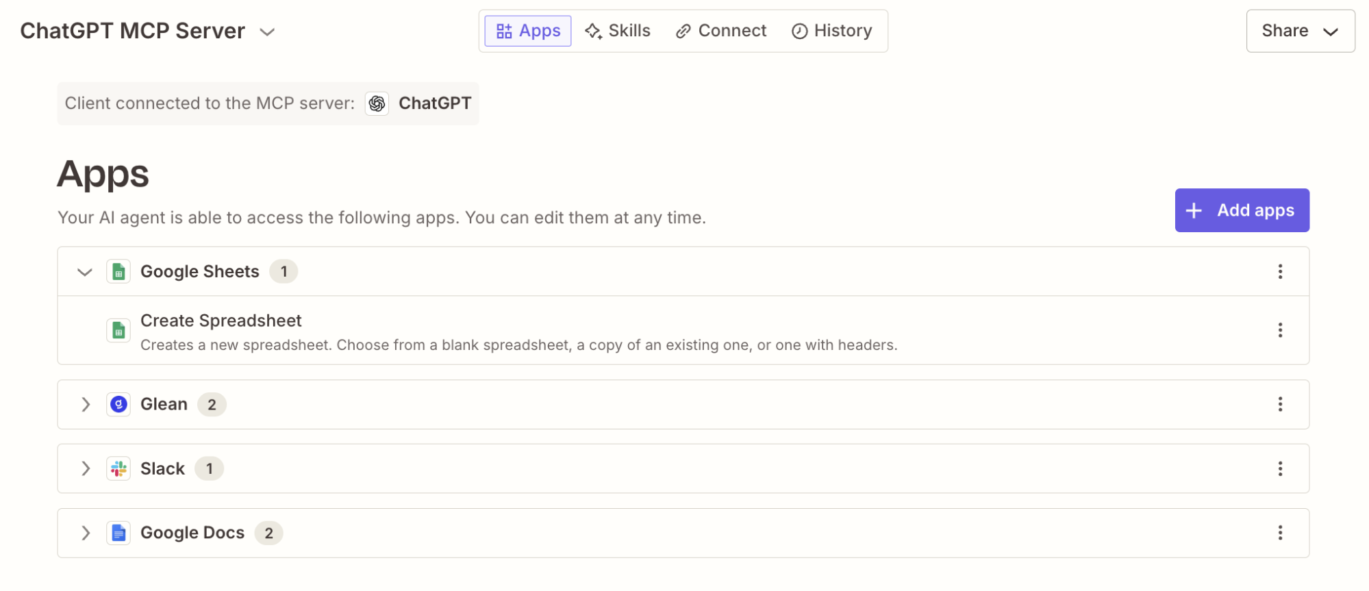 Selecting which apps and actions to allow in ChatGPT with Zapier MCP