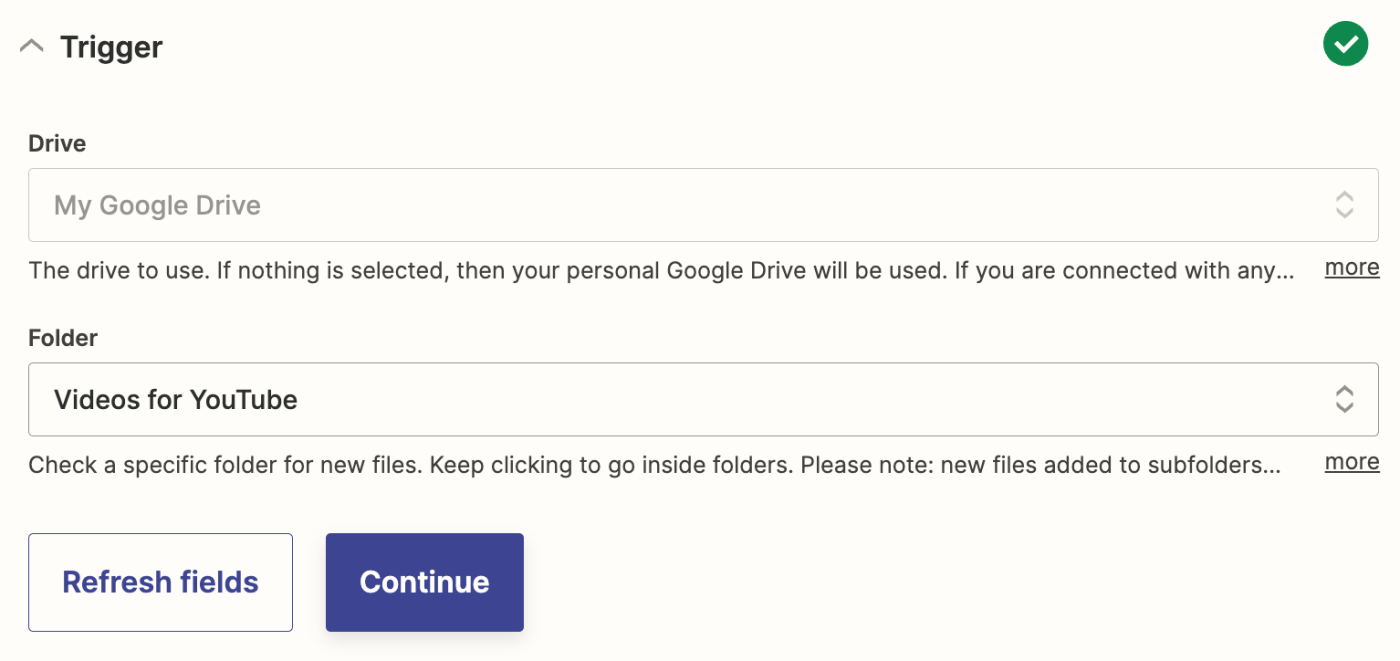 Fields in a trigger step in the Zap editor to select a drive and folder in Google Drive.