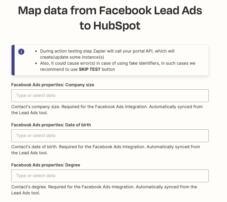 Field mapping in Transfer. In this example, Facebook Lead Ad fields will be mapped to HubSpot contact properties.
