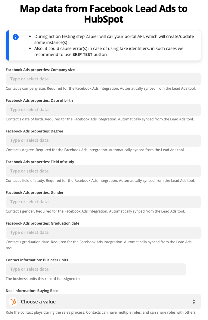 Field mapping in Transfer. In this example, Facebook Lead Ad fields will be mapped to HubSpot contact properties.