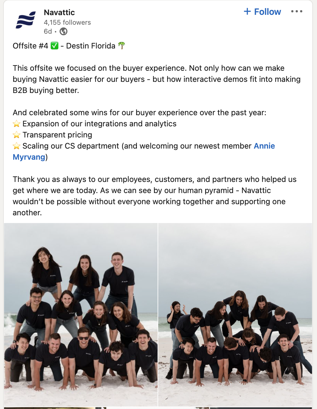A LinkedIn post from Navattic showing their team in a human pyramid