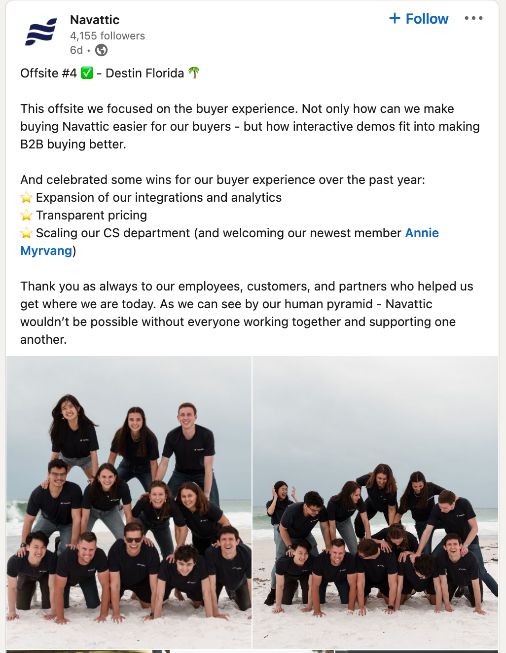 A LinkedIn post from Navattic showing their team in a human pyramid