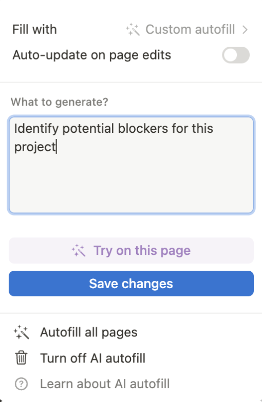 Notion AI Autofill property settings.