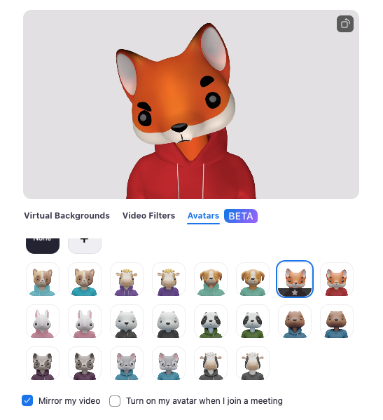 Screenshot of Zoom's avatar feature showing a fox avatar and other animal options