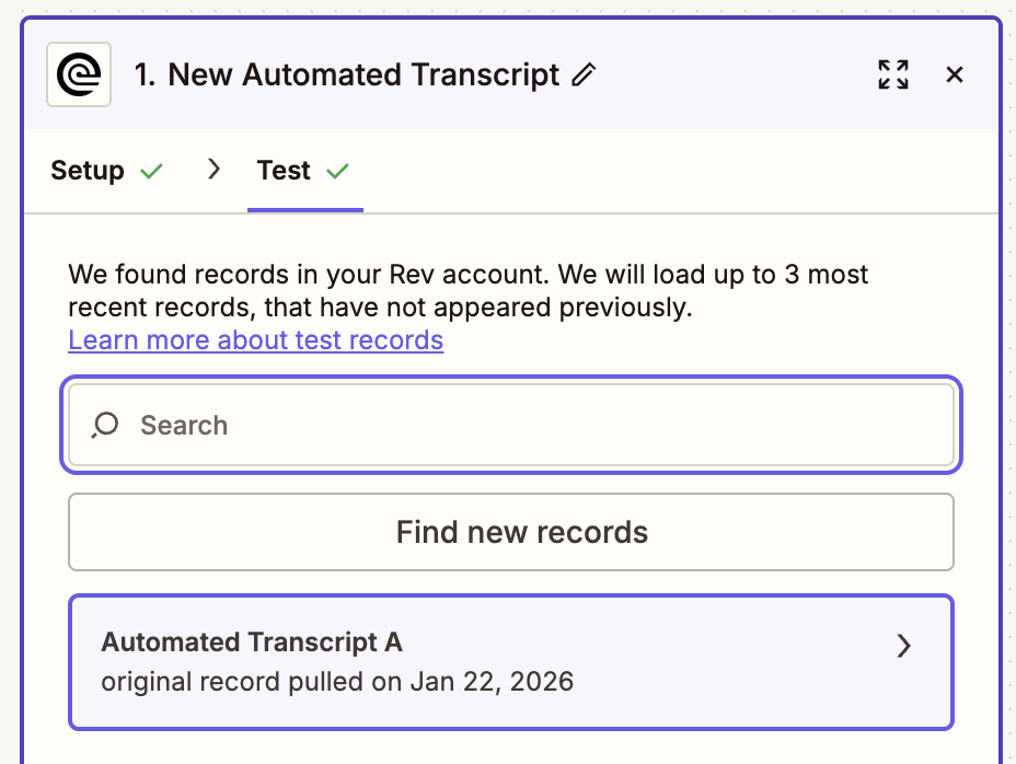 Zapier test screen for a Rev New Automated Transcript trigger, showing Find new records and a recent transcript result
