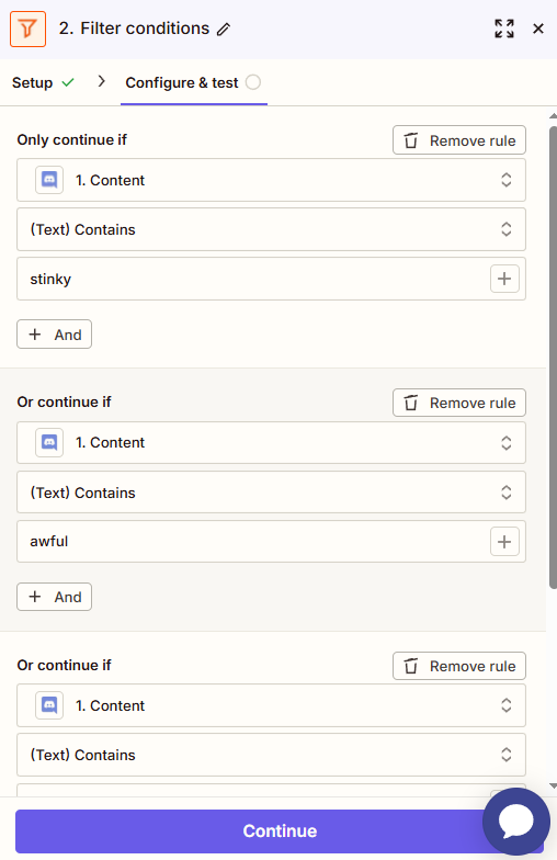 A filter step configured to filter for messages that contain assorted inappropriate words like "stinky".