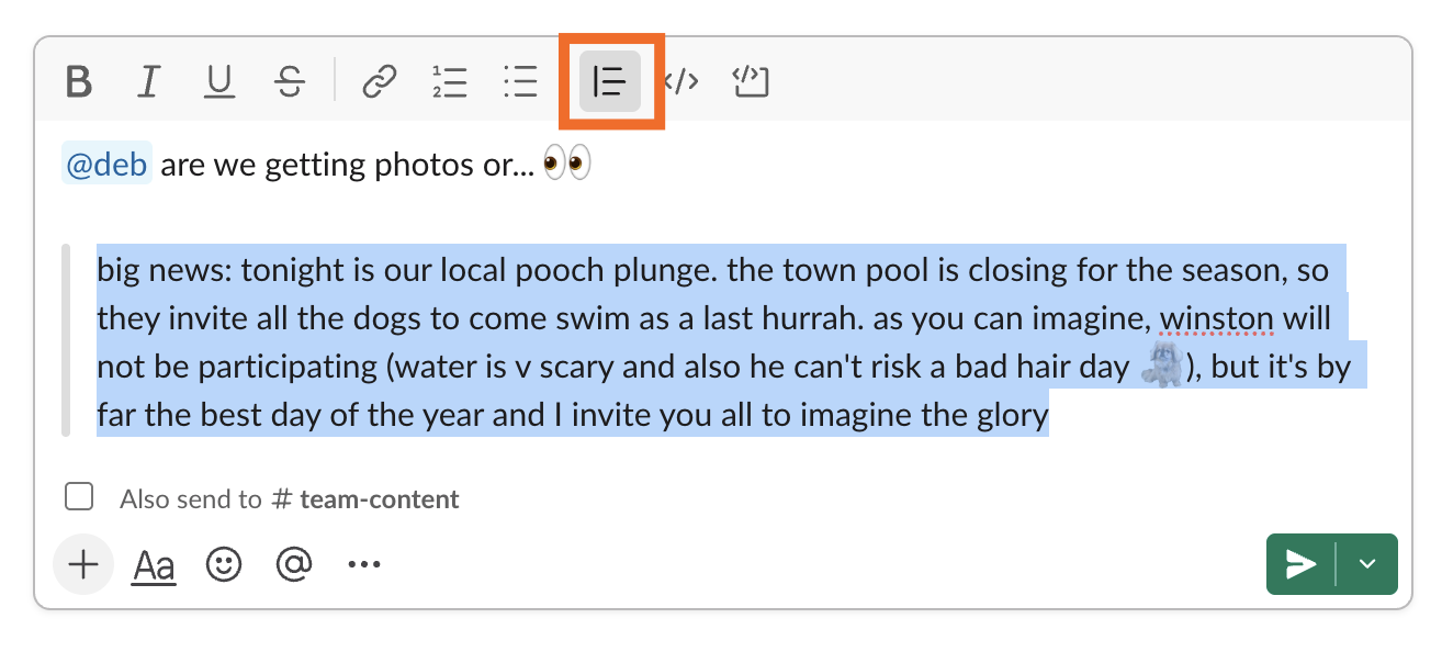 Quoteblock in a Slack message with the quoteblock formatting tool highlighted.