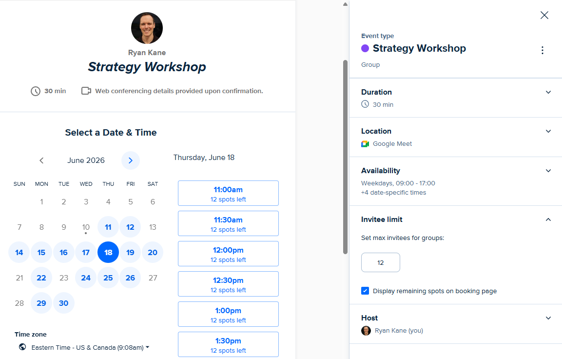 A group event booking page in Calendly