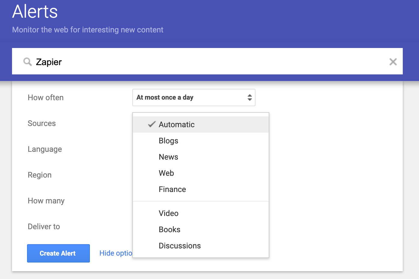 Setting up a Google alert for Zapier with the Sources dropdown shown open.