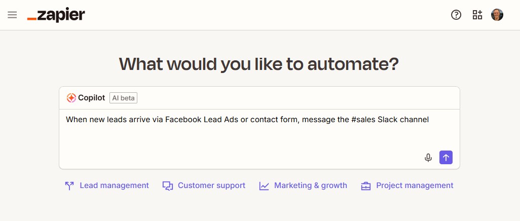 The field for creating an automation using Zapier Copilot