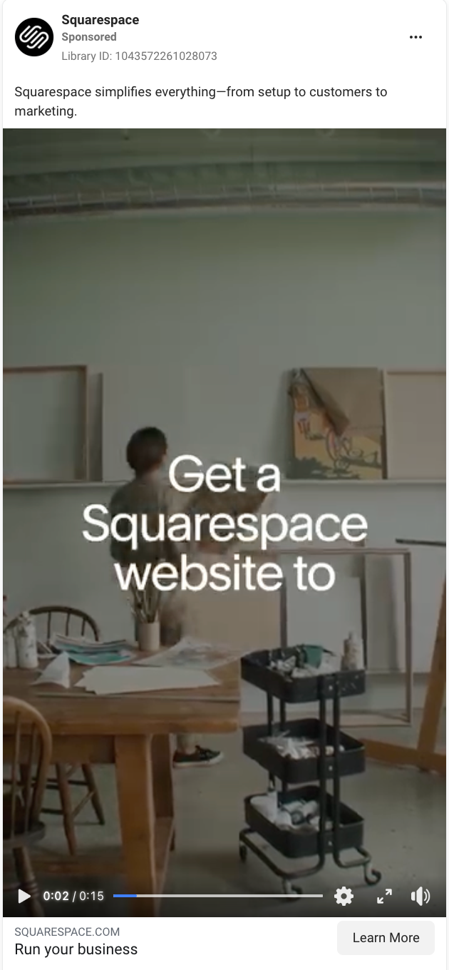 Storytelling video Facebook ad example from Squarespace. 