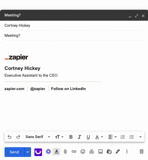 A GIF of an email composer window. Two characters are typed, which automatically expands into a templated message about scheduling a call. 