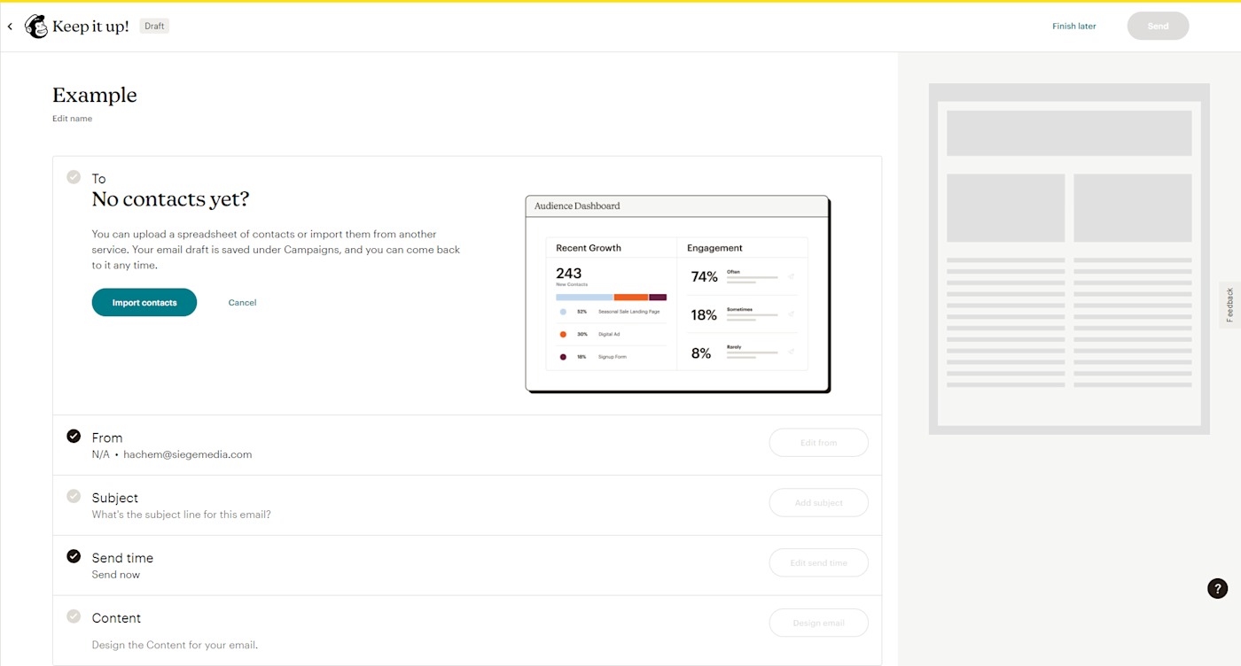 Screenshot depicting how to add contacts to a newsletter on Mailchimp