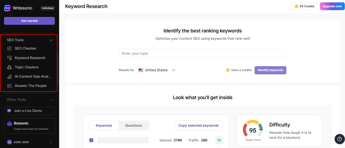 Writesonic's built-in SEO tools