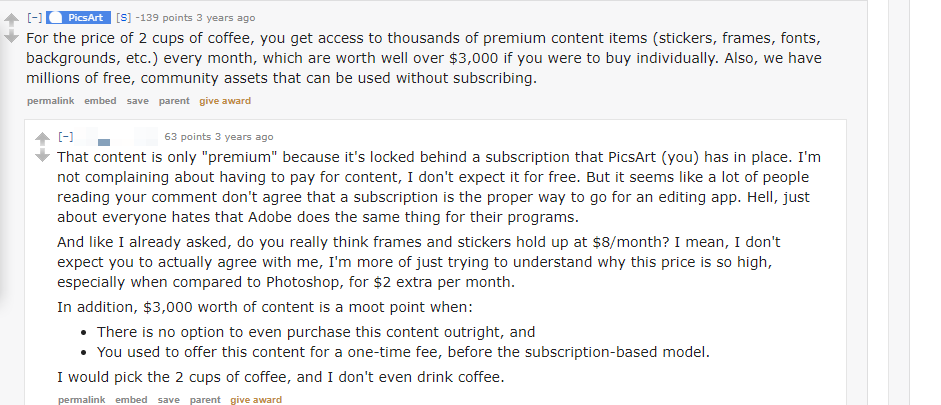 A screenshot of Picsart's replies, e.g., "For the price of 2 cups of coffee, you get access to..." and people responding saying they'd prefer the two cups of coffee