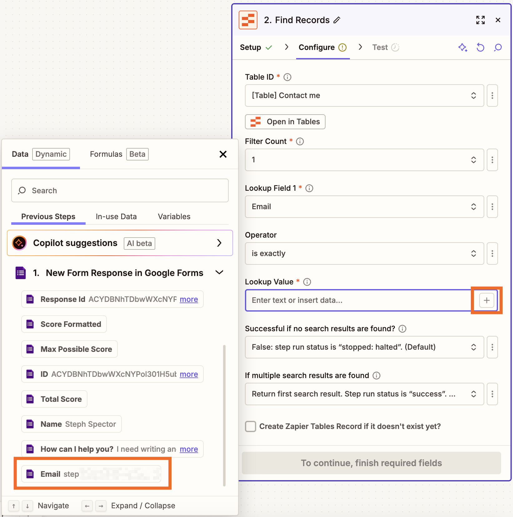 The Zapier editor showing a Zapier Tables Find Records step configured to look up records by email using form response data