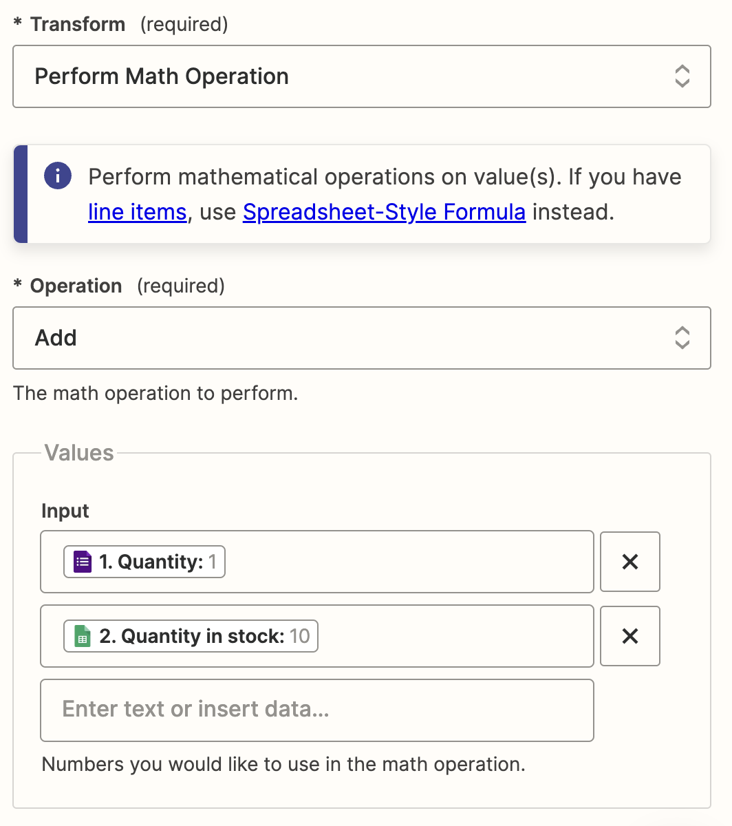 The text "Transform" with a dropdown underneath with an icon with two orange wavy lines and the text "Perform math operations".