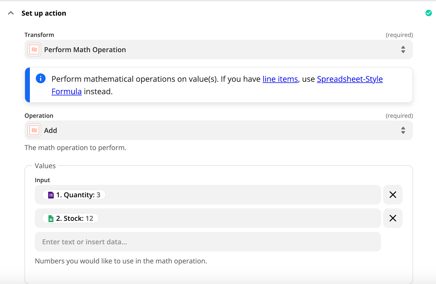 The text "Transform" with a dropdown underneath with an icon with two orange wavy lines and the text "Perform math operations".