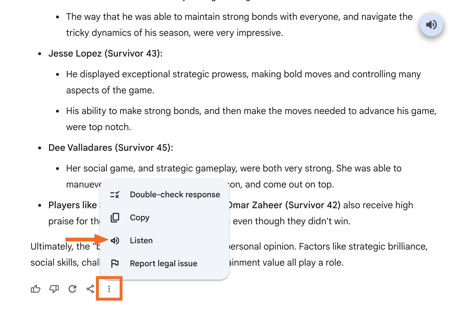 Gemini conversation with an expanded view of more menu and an arrow pointing to the listen option.