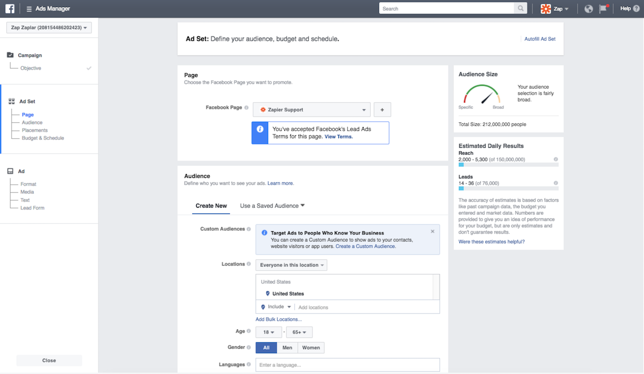 Define audience, budget, and schedule for Facebook Lead Ad