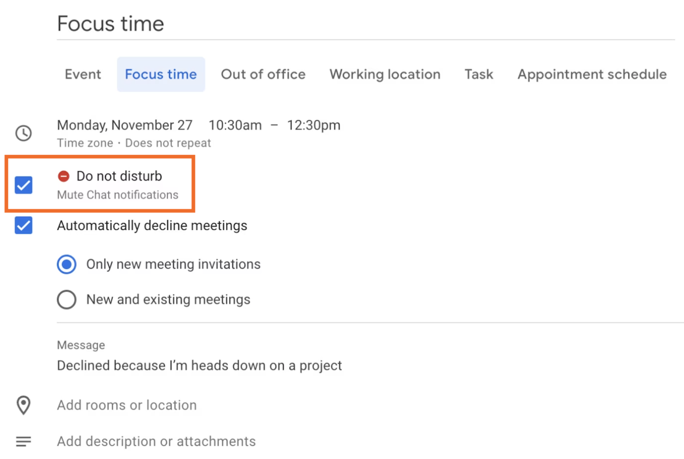 The Do Not Disturb option on Google Calendar focus time