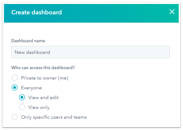The access options when creating a dashboard in HubSpot