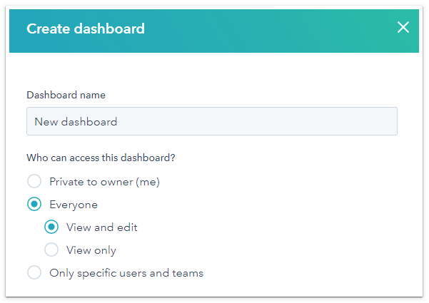 The access options when creating a dashboard in HubSpot