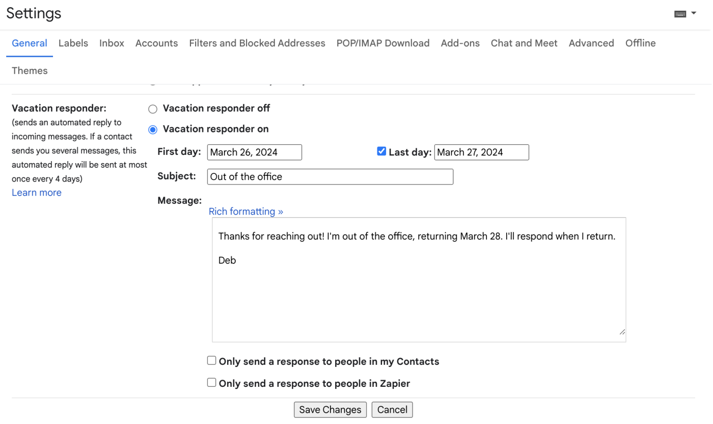 Vacation responder in Gmail settings