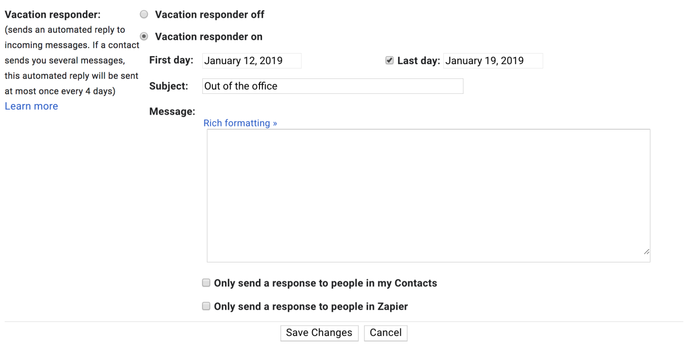 Vacation responder in Gmail settings