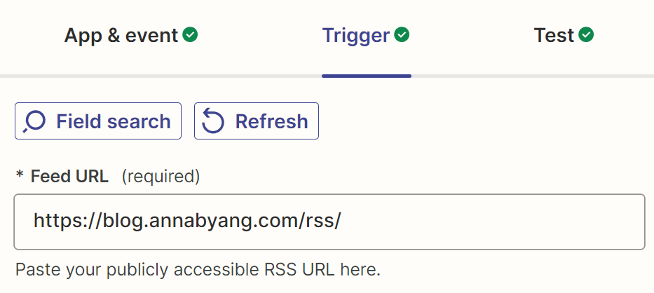 A blog RSS feed url is shown in the feed URL field of a trigger step.