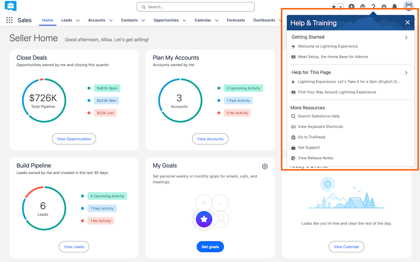 Screenshot of Salesforce's onboarding walkthrough, showing pop-ups that help you explore the features