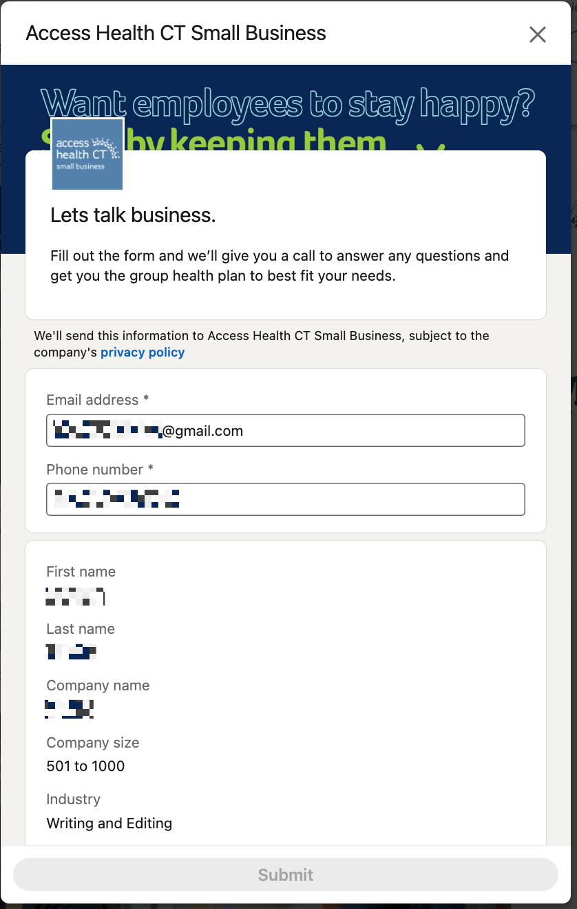 LinkedIn Lead Gen form example: Access Health CT Small Business, which tells you what will happen when you submit the form