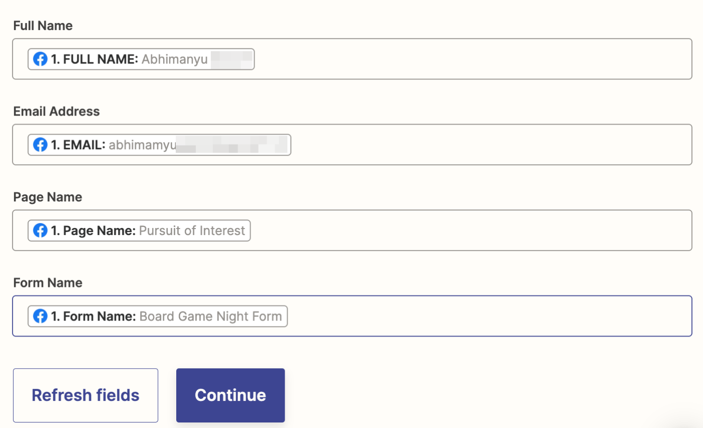 Excel fields in the Zap editor with Facebook Lead Ads data mapped to the fields.