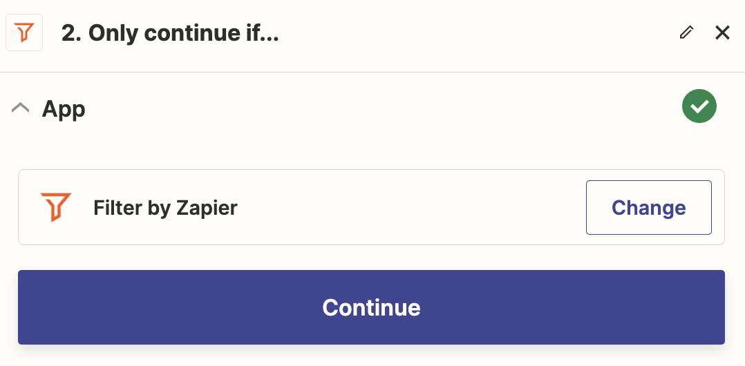 A screenshot of a Filter by Zapier action step in the Zapier editor.