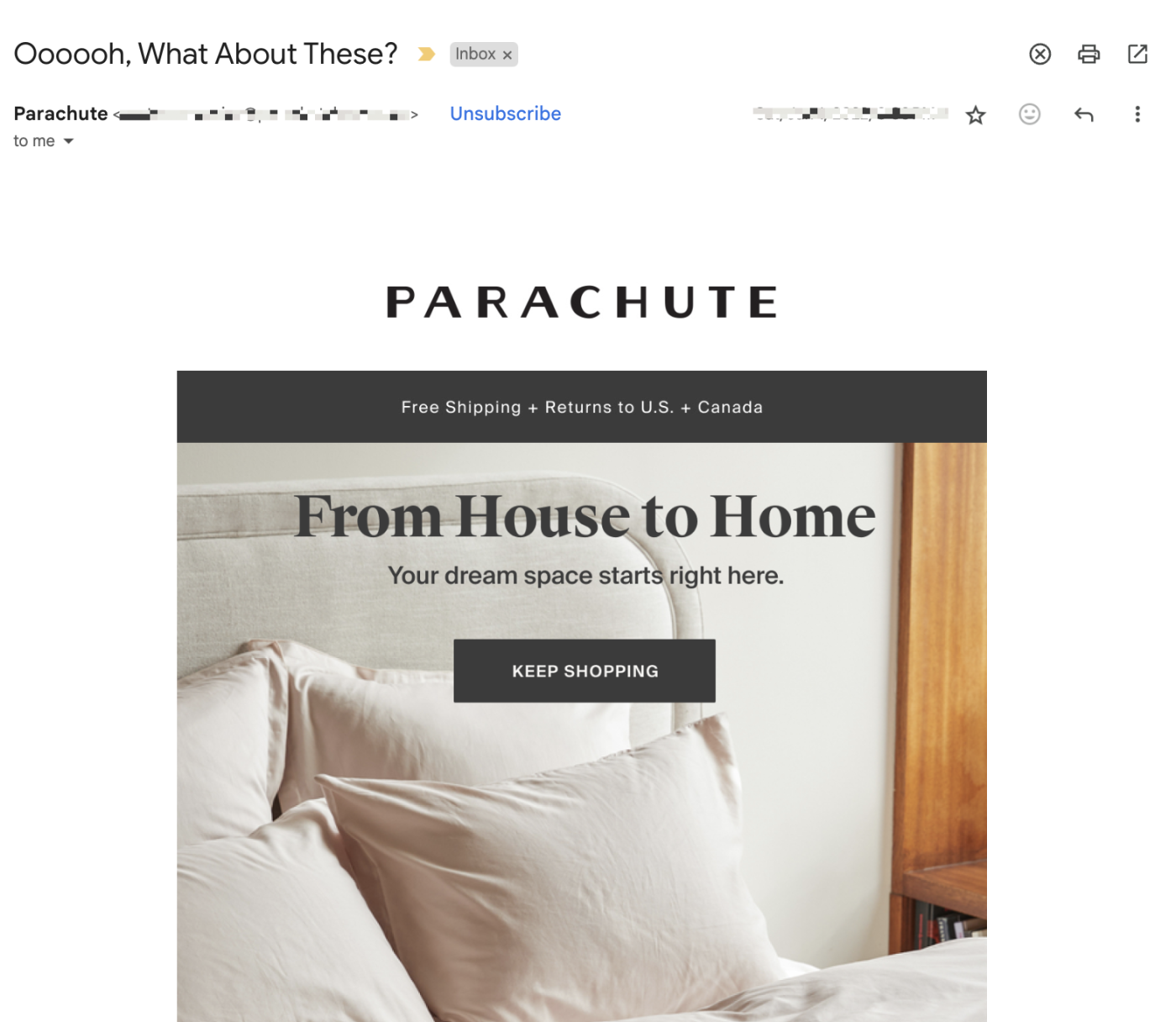 Product recommendation email from Parachute. 