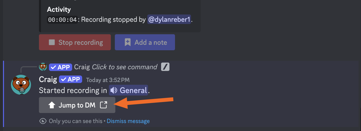 Screenshot showing Craig's jump to DM button