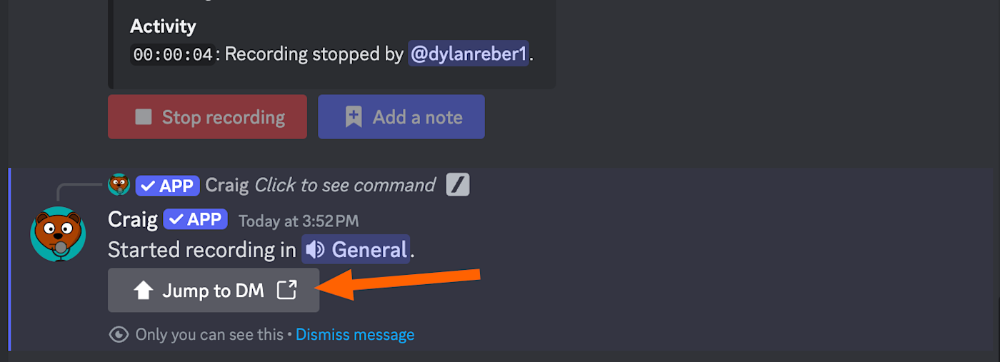 Screenshot showing Craig's jump to DM button