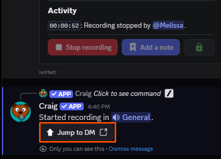 Screenshot showing Craig's jump to DM button