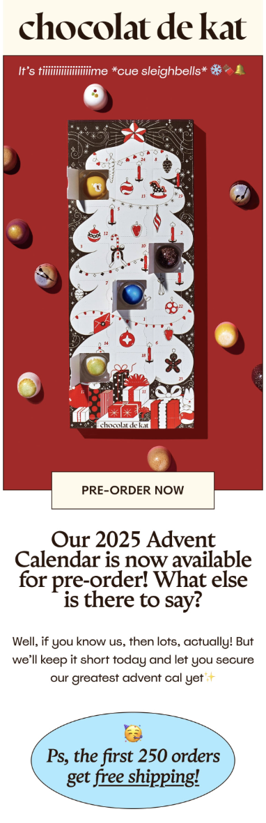 Holiday email marketing campaign example from the chocolate company Chocolat de Kat.
