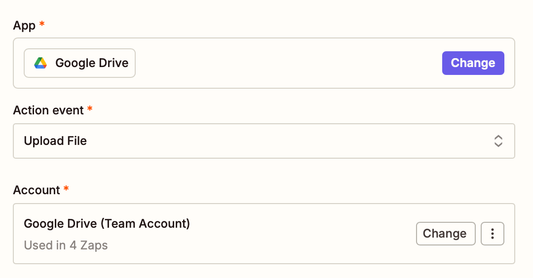 A screenshot of the action step in the Zap Editor.
