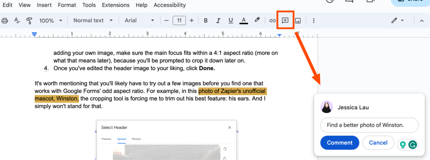 Comment added to a document in Google Docs.