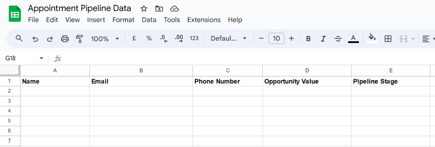 Screenshot of Google Sheets prep