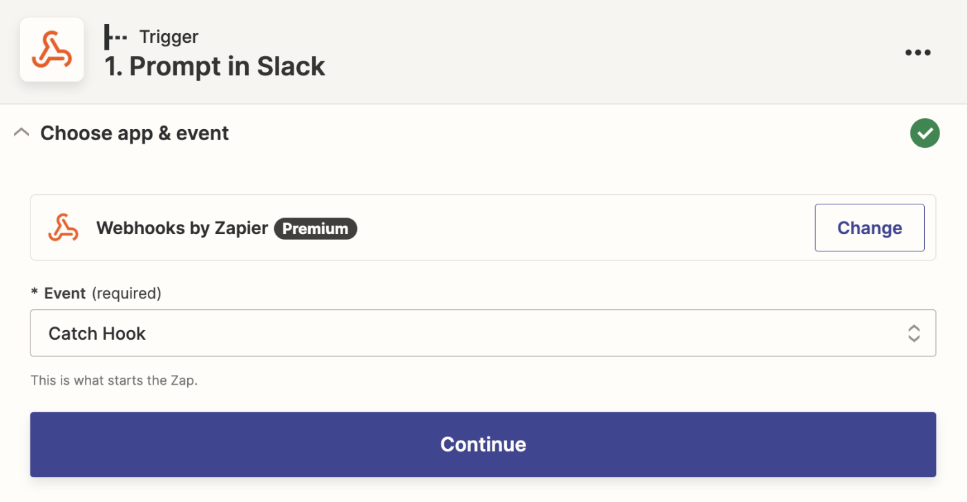 A screenshot of the setup for a caught webhook trigger step in the Zapier editor.