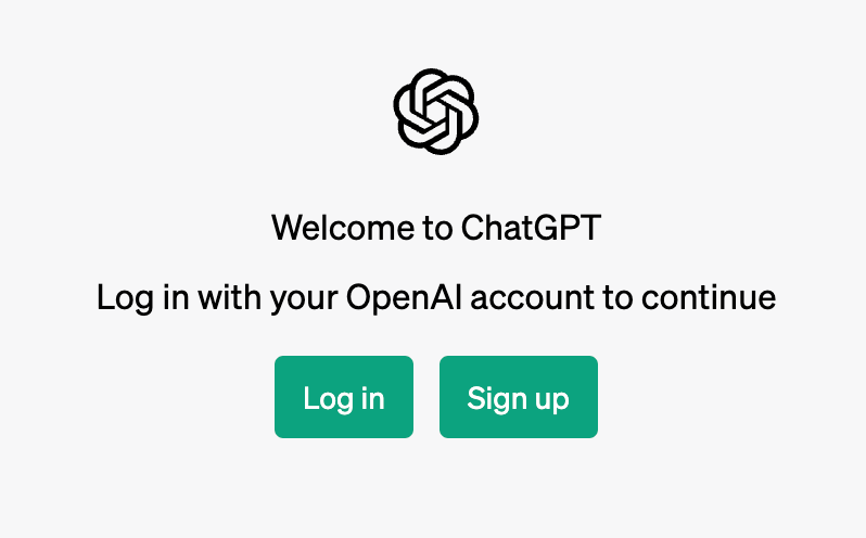 Portion of the ChatGPT welcome page. Beneath a welcome message are two buttons: Log in and Sign up.