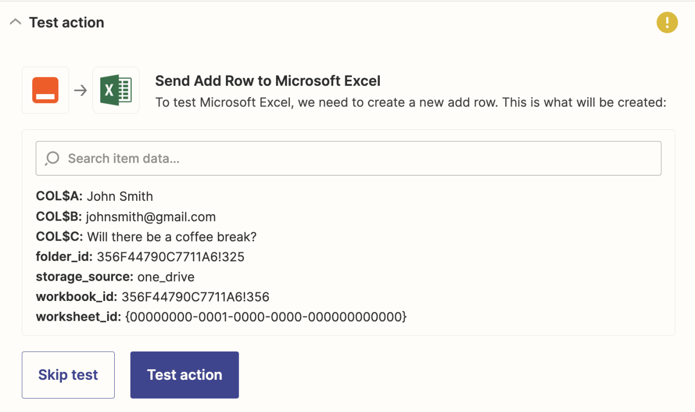 A successful test message that shows Jotform data sent to Excel.