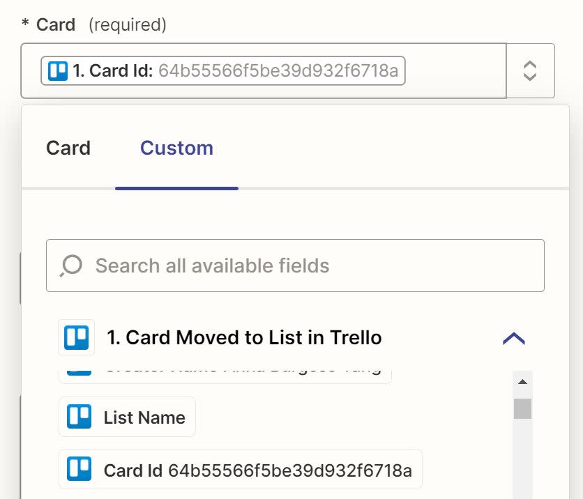 A data dropdown menu is shown open in the Card field with Card ID selected from the dropdown.