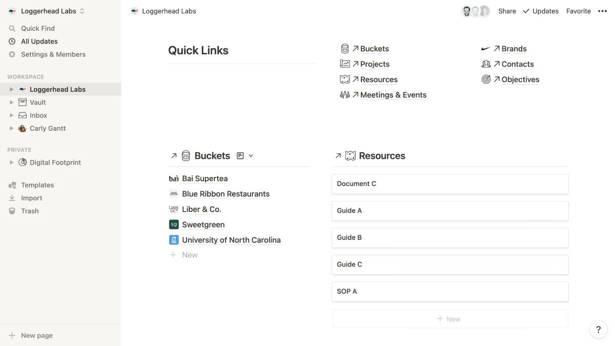 Screenshot of a Notion page with embedded databases inside.